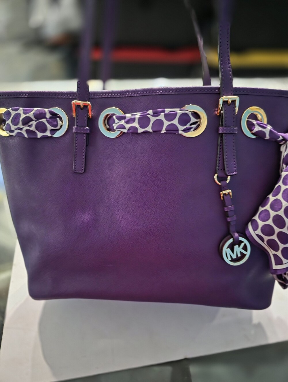 New Michael Kors Large Purple Leather Tote with Polka-Dot Scarf Accent - Picture 1 of 6